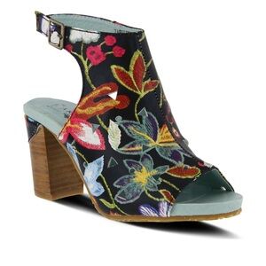 L'Artiste Tapestry Floral Leather Sling Back Peep Toe Sandal US9